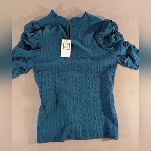 THML Women’s Ruched Sleeve Textured Blouse Top Teal Blue Size Medium NWT